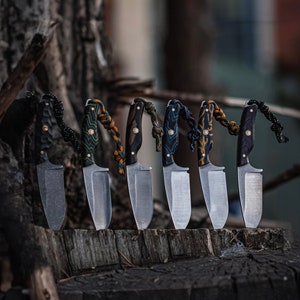 Könnte beinhalten: Ein Satz von sechs Messern mit unterschiedlich farbigen Griffen. Die Griffe sind aus Holz und haben verschiedene Muster. Die Klingen sind alle aus Metall und haben eine scharfe Spitze.