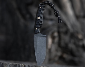Handcrafted Black EDC Knife with Leather Sheath for Camping, Personalized Steel Neck Knife, Best Gift for Outdoor,  Halloween Gift for Men