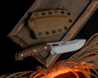 Hand-Forged Brown Knife with Kydex Sheath, Fixed Blade Personalized Knife, Customizable G-10 Handle, Gift for Man, Groomsmen Gift, Halloween
