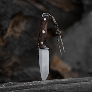 Könnte beinhalten: Ein kleines feststehendes Messer mit einem dunklen Holzgriff und einer Paracord-Schnur. Die Klinge ist silberfarben und hat eine gezahnte Kante. Das Messer steht aufrecht auf einem Stück Holz.