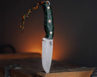 Handmade Scandi Bushcraft Knife: N690 Stainless Steel, Fixed Blade, Green G10 Handle,  Leather Sheath