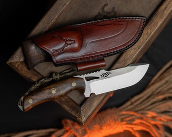 Hunting Knife with Leather Sheath, Walnut Wood Fixed Blade Custom Knife, Bushcraft Tools, Camping Knives, Groomsmen Gift, Full Tang Knife