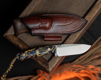 Handmade N690 Stainless Steel Hunting Knife, Leather Sheath, Yellow G-10 Handle, Bushcraft Knives