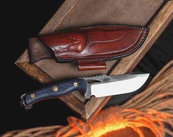 Tactical Full Tang Hunting Knife with Leather Sheath for Outdoor Activities | Handcrafted Micarta Handle