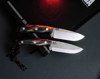 Handmade Bushcraft Knife: N690 Stainless Steel, Camouflage G10 Handle, Handcrafted Leather Sheath, Camping Gear