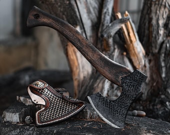 Handcrafted Camping Hatchet – Carbon Steel Bushcraft Axe, Beech Wood Handle & Leather Sheath