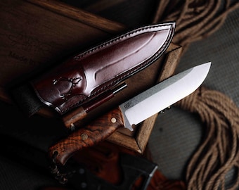 Handcrafted Bushcraft Knife with Leather Sheath | Walnut Wood Handle Hunting Knife | Fixed Blade