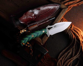 Camping Knife, Stainless N690 Steel, G-Carta Handle,  Leather Sheath