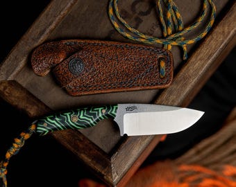 Handcrafted Neck Knife with Leather Sheath, Green G10 Handle, N690 Stainless Steel, EDC Knives