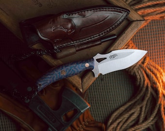 Handcrafted Hunting Knife: N690 Stainless Steel Fixed Blade, Purple Handle, Leather Sheath, Ferro Rod