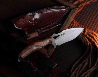 Handmade Camping Knife | Walnut Wood Handle, Leather Sheath, N690 Stainless Steel