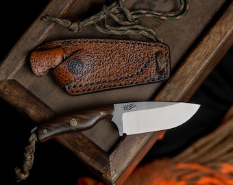 Personalized Wooden Handle Camping Knife with Leather Sheath, Handmade EDC Knife, Small Neck Knife, Handcrafted Outdoor Knives, Gift for Him