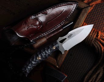 Handcrafted Stainless Steel Fixed Blade Knife, Personalized Black Camping Knife with Leather Sheath