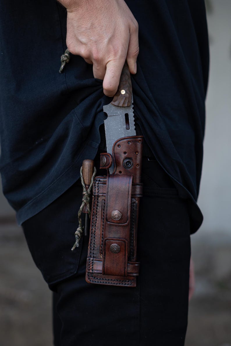 Leather Holster, Survival Knife, Ferro Rod, Fire Starter,Sharpening Stone