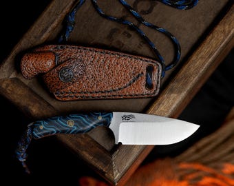 Handmade Small EDC Knife: N690 Stainless Steel, Blue G-Carta Handle, Handcrafted Leather Sheath