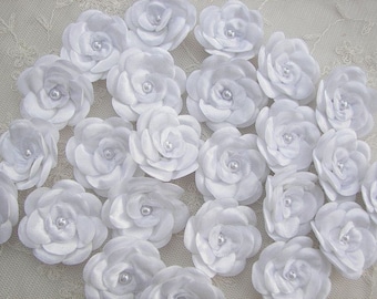 12 pc Christening Baby Doll White Satin Ribbon Rose Flowers w Pearl for Bridal Hair Accessory Bow