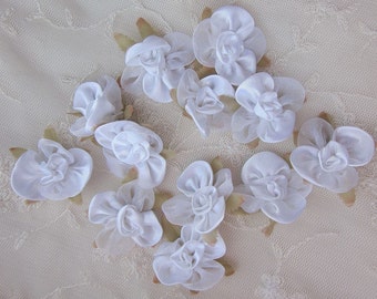 12 pc White Rose Flower Satin Organza Fabric Ribbon Applique Baby Doll Hair Bow Scrapbook Junk Journal Bridal Wedding Bouquet Embellishment