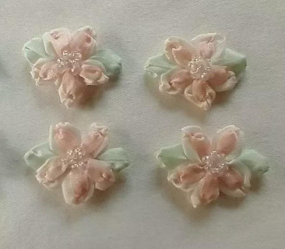 4 Peach VINTAGE Beaded Flower Applique Hand Embroidered Silk Ribbon Antique French Christening Dress Baby Doll Hair Bow Quilt Embellishment
