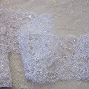 WHITE Pearl Sequin Beaded Lace Trim French Tulle Doll Quilt Bridal Dress Veil Sash Baby Christening Sewing Embellishment