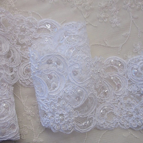 Beaded Lace Trim WHITE Pearl French Tulle Ribbon Doll Quilt Bridal Veil Sash Baby Christening