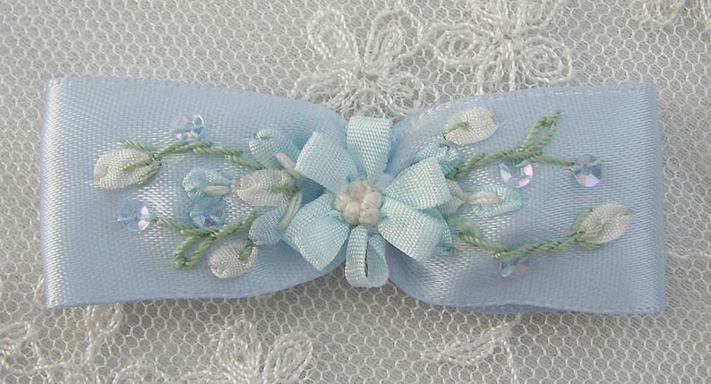 2pc Beaded Satin Fabric Flower Bow Applique w Sequins Blue Ribbon Embroidered w Rose Bud Baby Doll Corsage