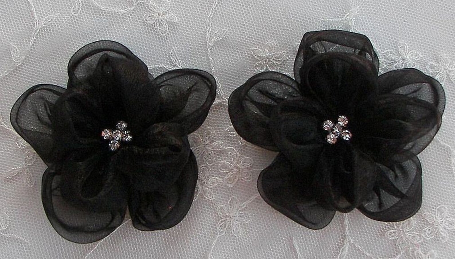Rhinestone Beaded Fabric Flower Applique Jet Black Organza Etsy