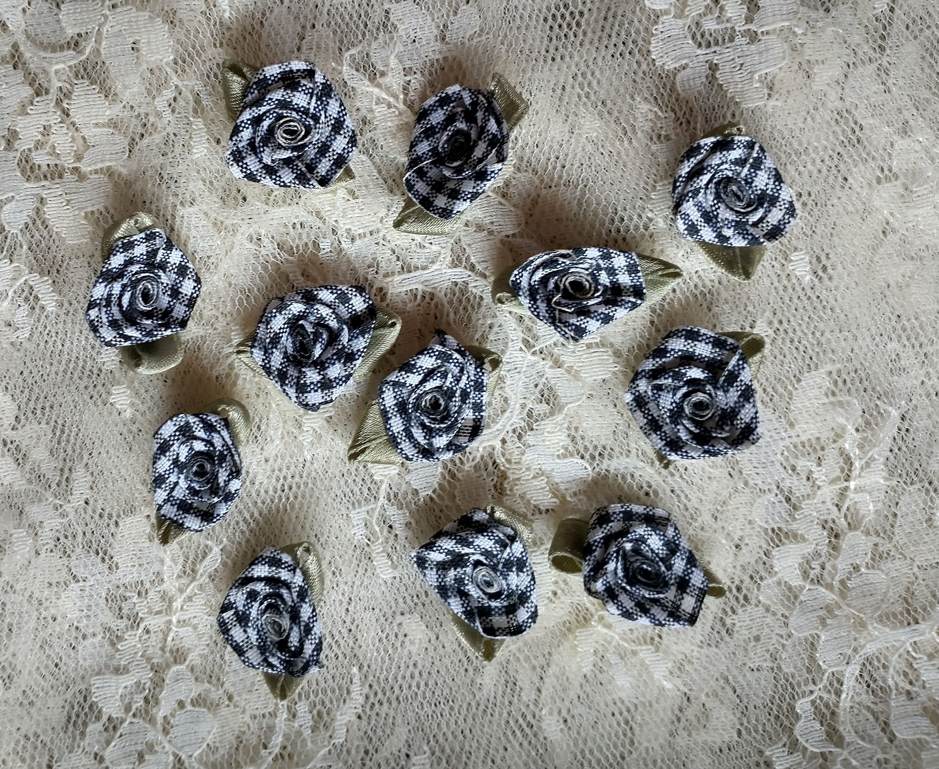 12 Pc Black White Rose Flower Gingham Checkered Ribbon