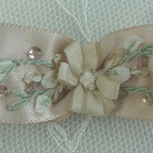 Satin Ribbon VINTAGE Bow Tan Sequin Beaded HAND Embroidered Rose Bud Flower Baby Doll Christening Embellishment 1 pc