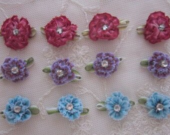 Beaded Flower Applique RED BLUE PURPLE Grosgrain Ombre Ribbon Rhinestone Scrapbook Baby Doll Bow 12 pc #6 set