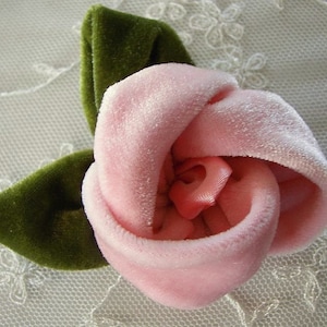 2 pc Salmon Pink Rose Flower Velvet Fabric W Leaf Baby Bow Dress Sewing Bridal Couture Corsage Pillow Home Decor Hat Supply Embellishment