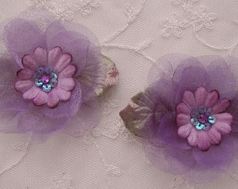 2p Purple Velvet Daisy Flower Applique Organza Ribbon Fabric Sequin Beaded Junk Journal Slow Stitching Baby Hair Accessory Embellishment