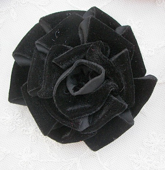 BLACK Velvet Ribbon Rose Fabric Flower Applique Goth Garden Hat