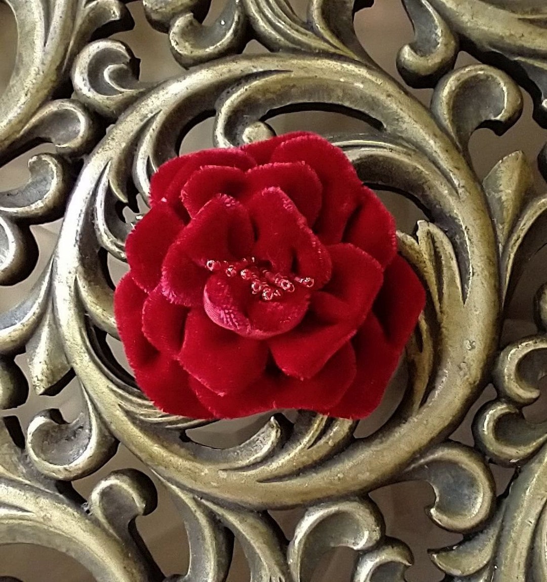 Red Velvet Ribbon Rose Fabric Flower Floral Applique Beaded Garden Hat ...