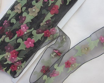 BLACK Organza Ribbon Trim Floral Burgundy Wine Dusty Rose Flower Leaf Vine Pageant Sewing Doll Quilt Home Decor Scrapbooking Sewing