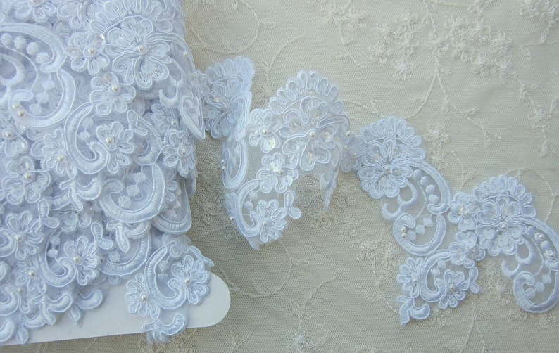 1 YD 26 INCHES Beaded Lace Trim WHITE Embellished Pearls Sequins Flower Bridal Veil Gown Christening Dress Embroidered Organza Doll