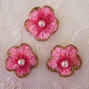 18 pc Hot Pink Ombre Fabric Gold Glitter Flower w Pearl Bead Applique Baby Doll Bridal Scrapbooking Fairy Sewing Embellishment