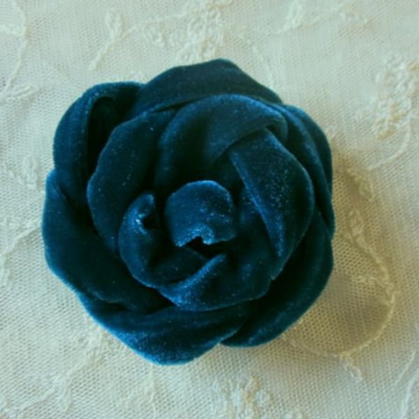 DK Teal Velvet Ribbon Rose Fabric Flower Floral Applique Garden Hat Bow Corsage Pageant Bridal Dress Lapel Pin Hair Accessory Embellishment