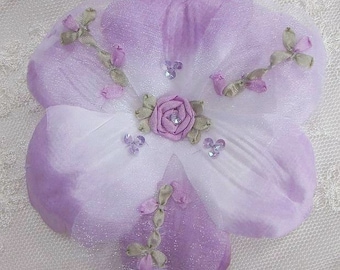 Orchid VINTAGE Flower Fabric Ribbon Applique Sequin Beaded Embroidered Rose Bud Satin Pin Hair Accessory Junk Journal Baby Bow Embellishment