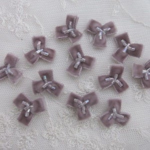 12 pc Antique Mauve Velvet Ribbon Fabric BOW Glass Bugle Beaded Applique Doll Baby Bow Bridal Pageant Hair Accessory