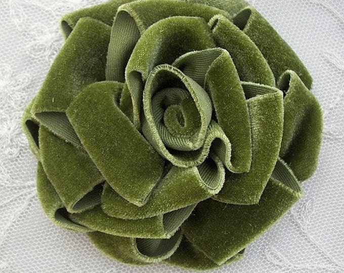 3.5 Inch GREEN Velvet Ribbon Rose Fabric Flower Applique Hat Corsage ...