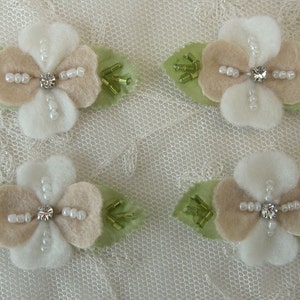 4 pc Handmade Ivory Tan Felt Flower Applique Embellished Seed Bugle Beaded Rhinestone Baby Bow