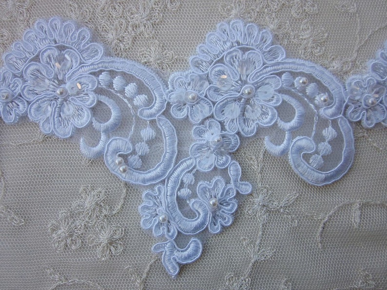 1 YD 26 INCHES Beaded Lace Trim WHITE Embellished Pearls Sequins Flower Bridal Veil Gown Christening Dress Embroidered Organza Doll