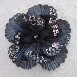4 inch Handmade Velvet beaded w sequins and glass beads Dk Grey Gray Black Poppy Beaded Flower Corsage
