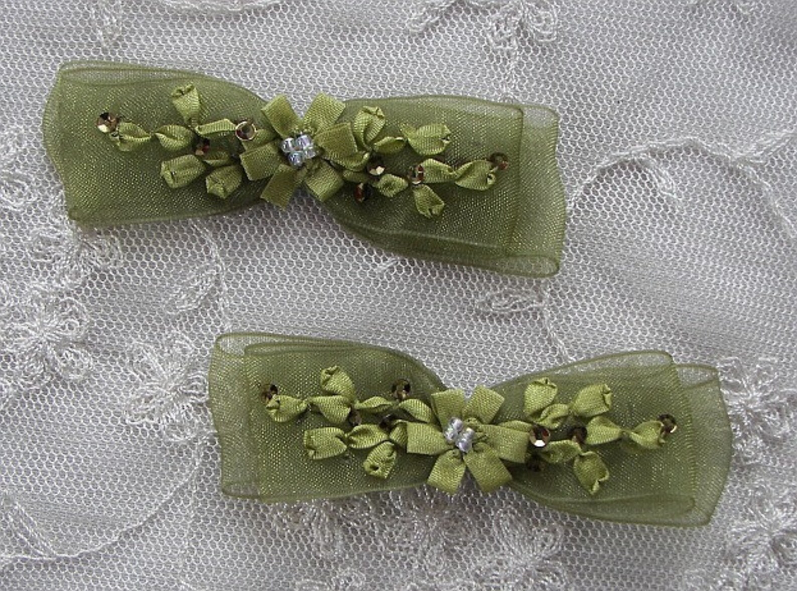 2pc Beaded Organza Fabric Flower Bow Applique W Sequins Moss Etsy