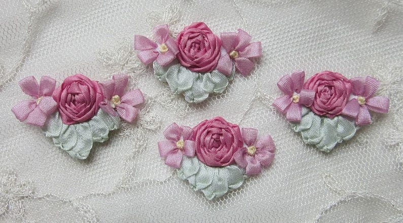 4 Pc Set Vintage Chic Rose PINK Silk Ribbon Embroidered Daisy | Etsy