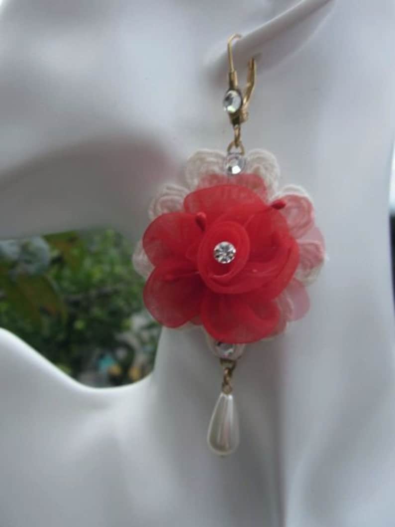 RED Christmas Earring Rhinestone Beaded Organza Rose Flower Pearl Drop Lace Bridal Wedding Original Design Valentines Day