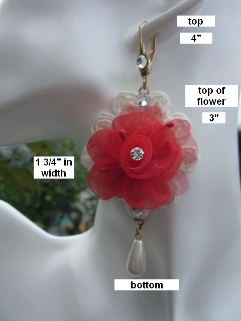 RED Christmas Earring Rhinestone Beaded Organza Rose Flower Pearl Drop Lace Bridal Wedding Original Design Valentines Day
