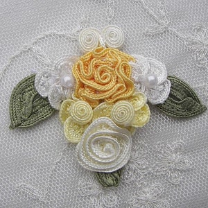 2 pc YELLOW IVORY floral flower applique gimp woven ribbon trim pearl embellished w leaves Handmade