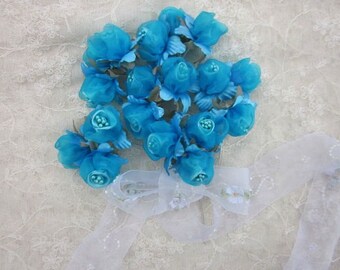 18 pc TURQUOISE Blue Wired Satin Organza Pearl Rose Flower Applique Bridal Wedding Bouquet