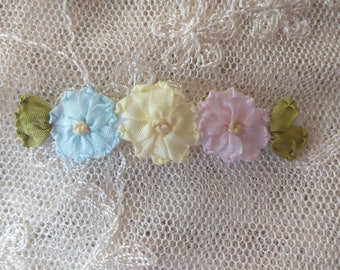 2 pc Pink Yellow Blue Silk Ribbon Embroidered Flower VINTAGE Applique Antique Baby Doll Bow Junk Journal Scrapbook Quilt Embellishment #2